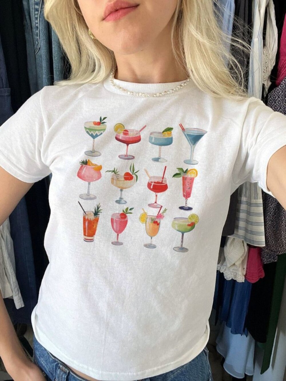 Cocktail Baby Tee 🍸✨| Martini Aesthetic Collage Crop Top | Cute Y2K Women’s Tee